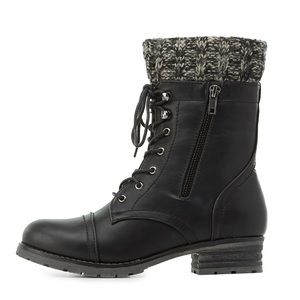 Knit-Trim Combat Boots - Black